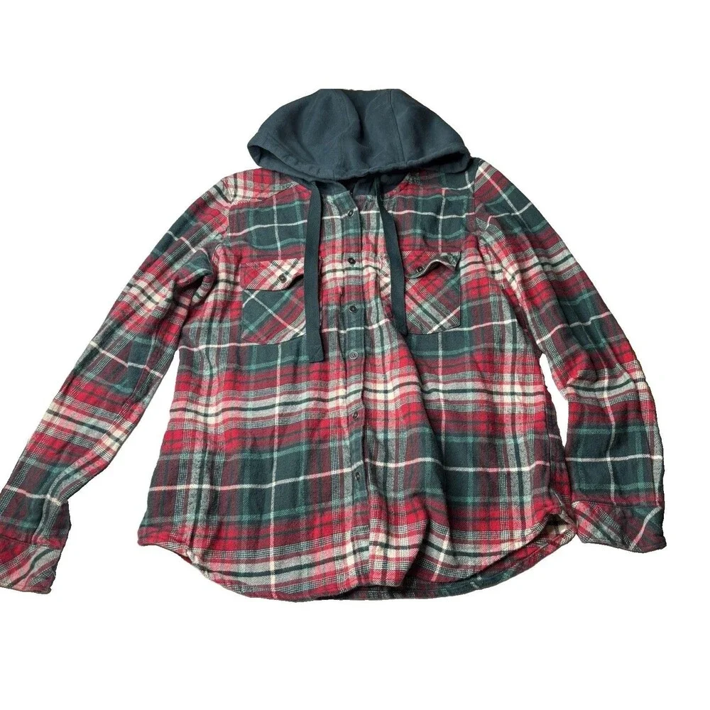 Columbia Boys Youth L Green Red White Plaid Flannet WIth hood